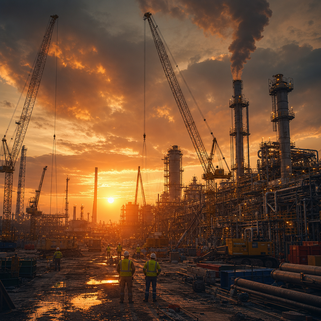 Industrial complex at sunset