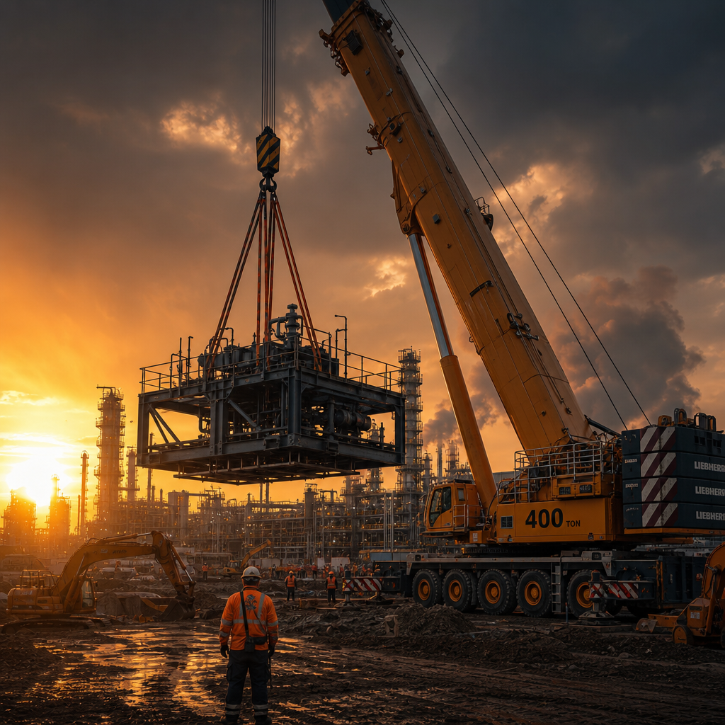 Heavy crane lifting steel structures at oil and gas plant construction site during golden hour