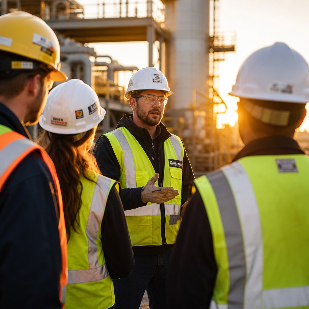 Workers in safety equipment at construction site